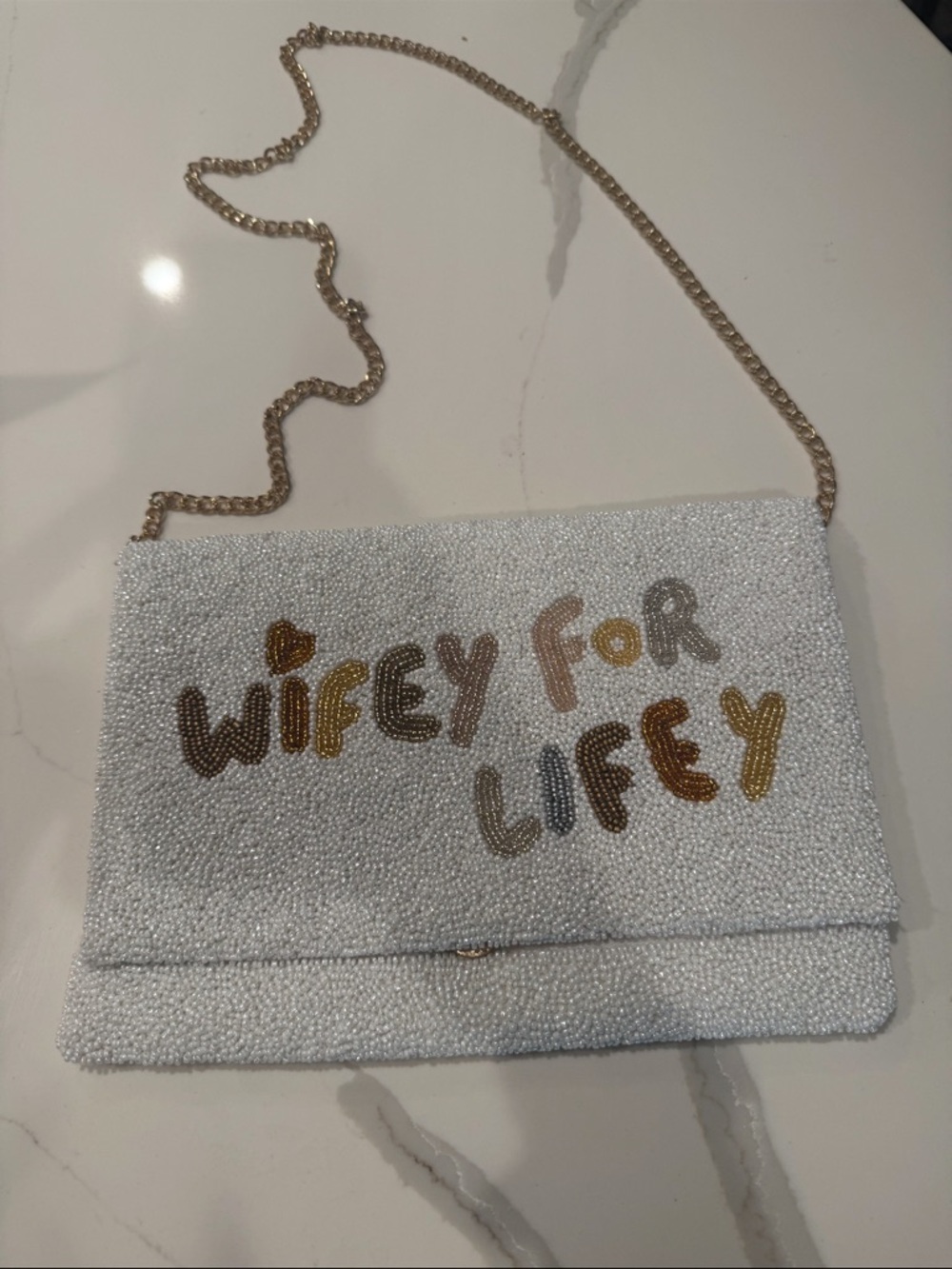 Wifey For Lifey Beaded Crossbody Clutch - White